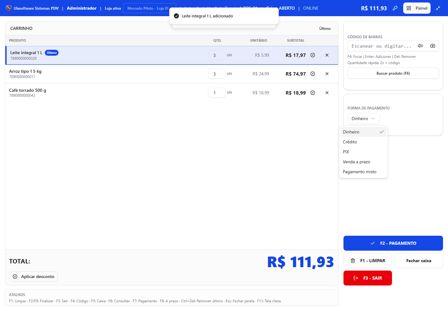 Tela real das formas de pagamento do PDV
