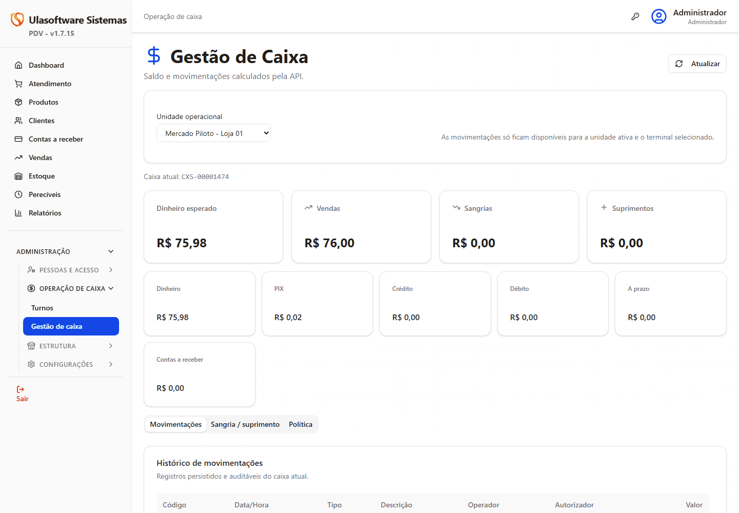 Tela real de gestao de caixa