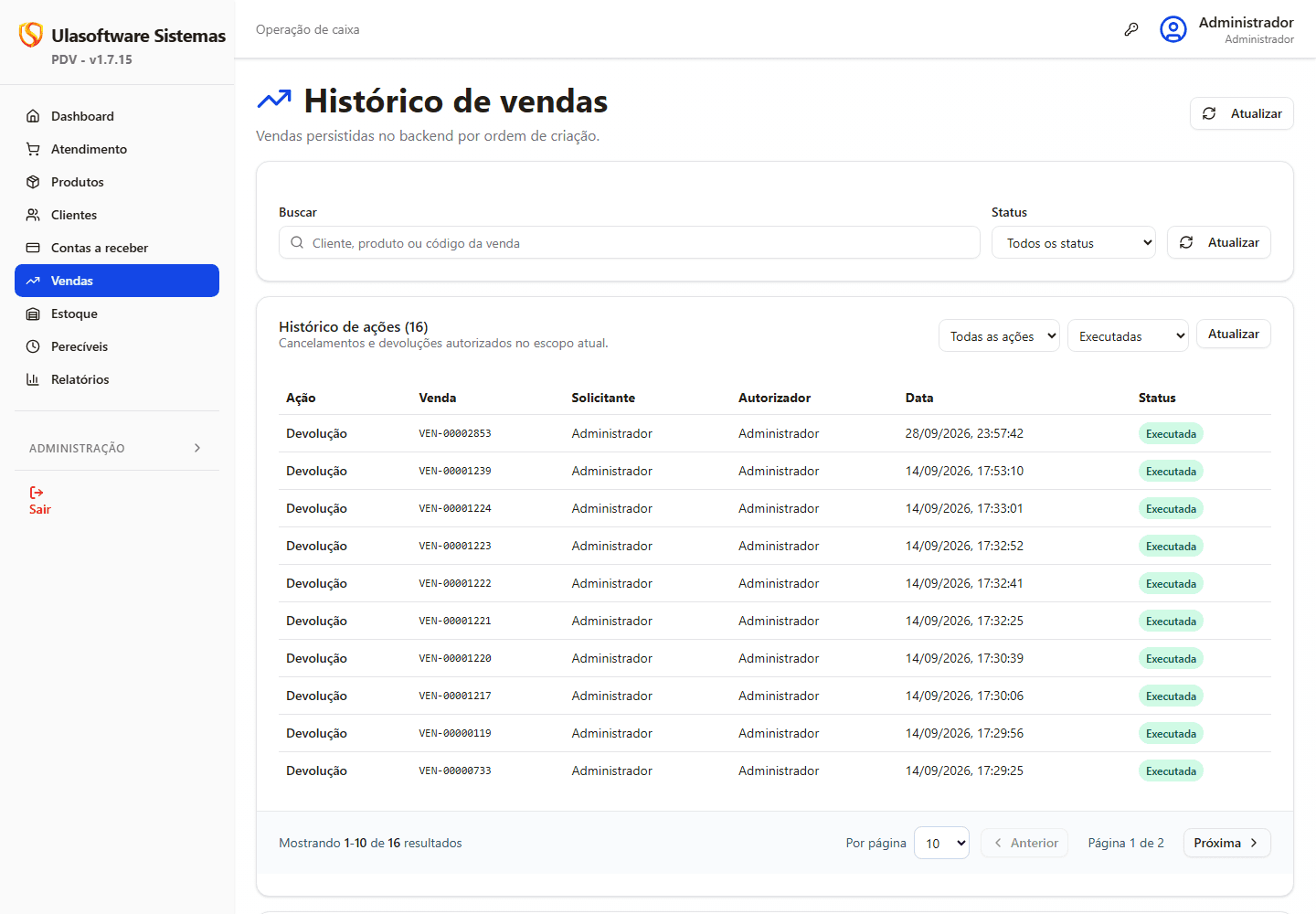 Tela real do historico de vendas