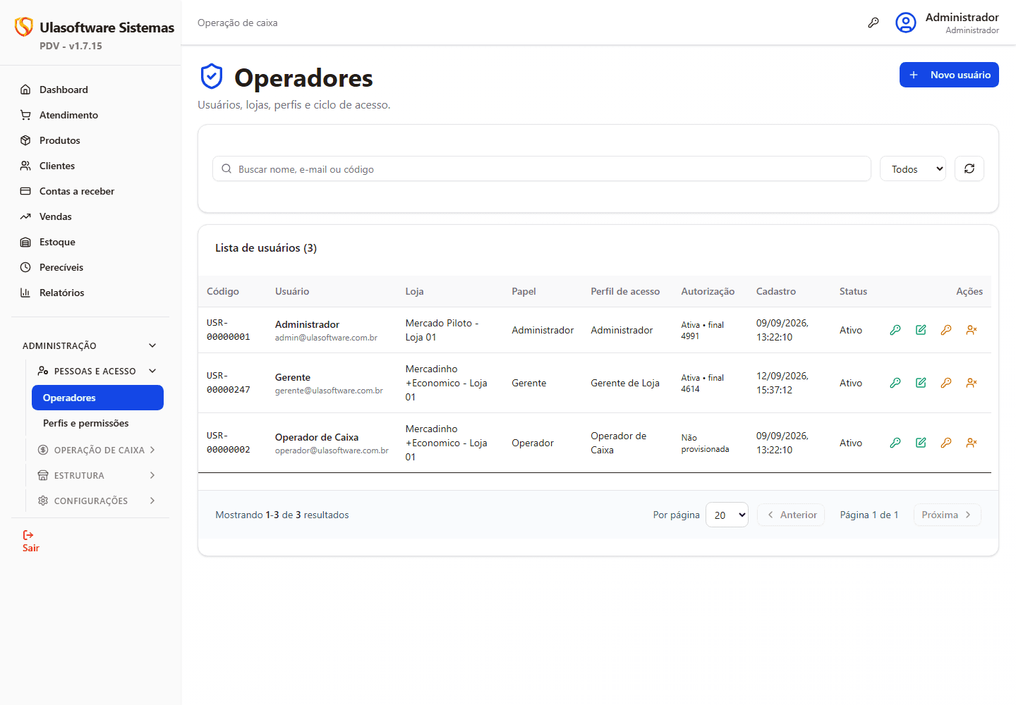 Tela real de operadores e permissoes