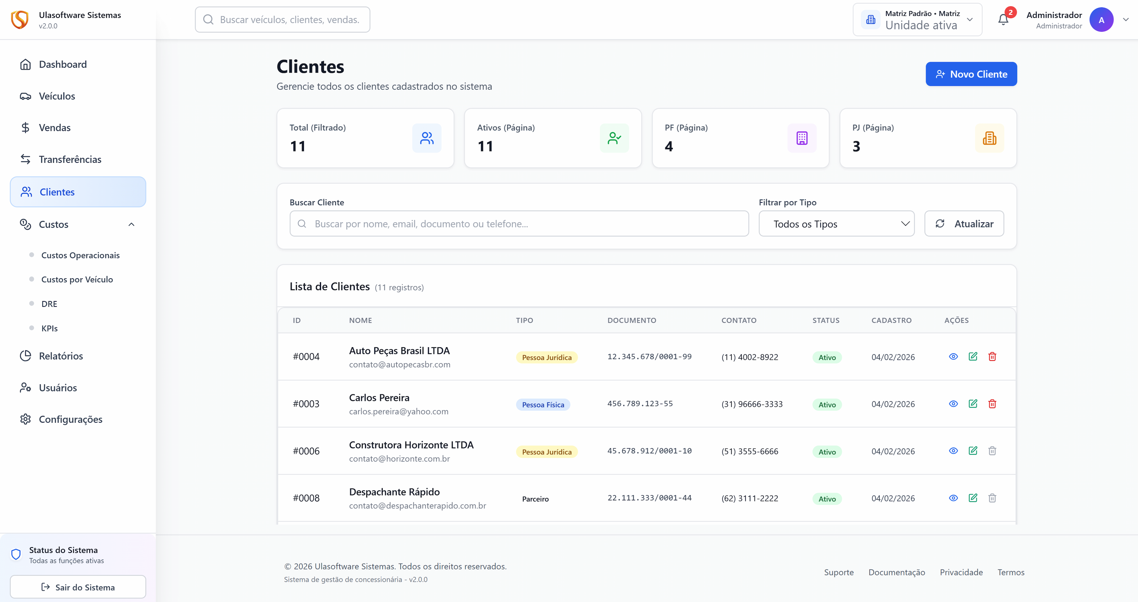 Tela de cadastro de clientes do sistema para concessionária da Ulasoftware