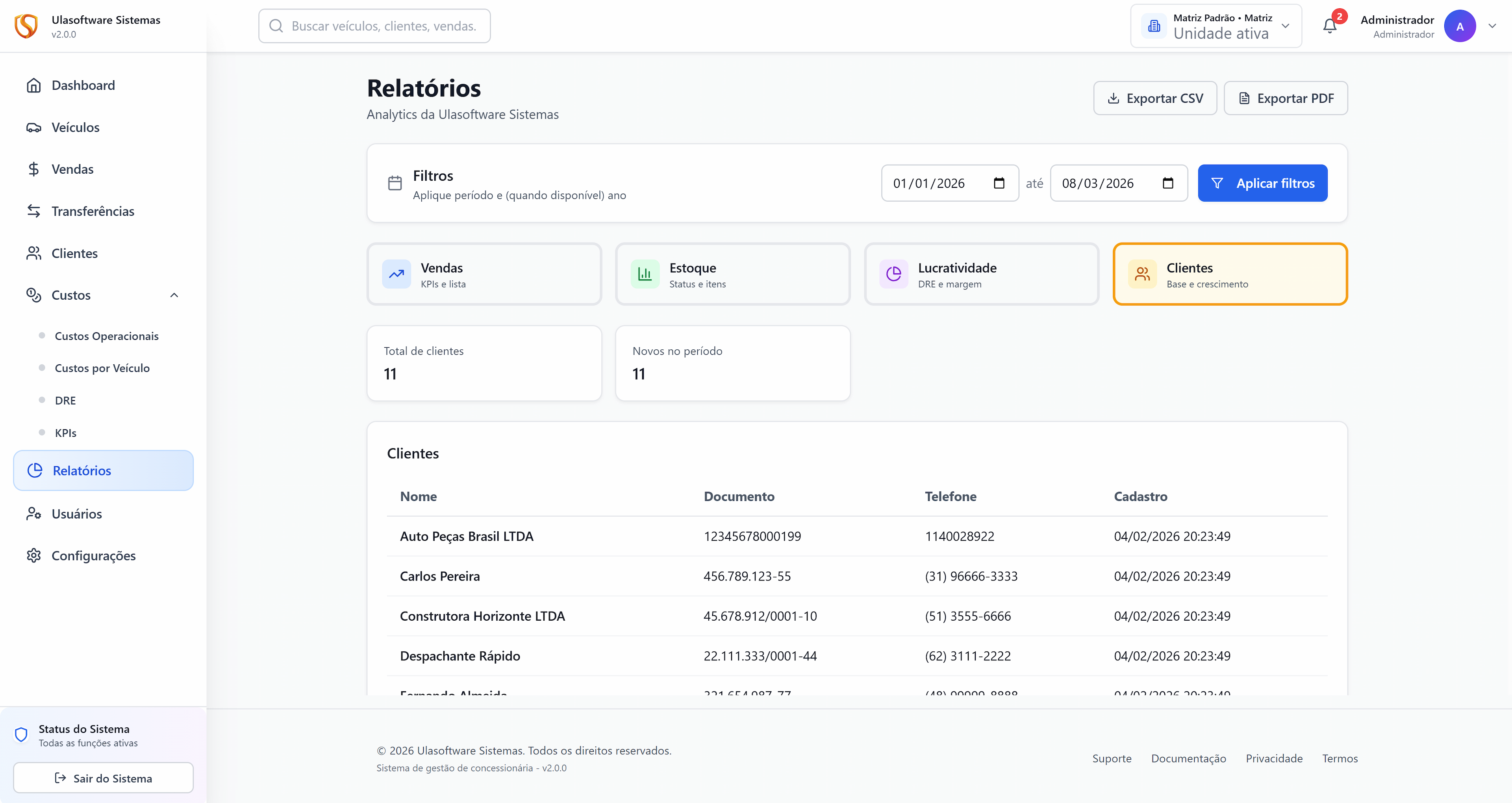 Tela real de relatório de clientes do sistema da Ulasoftware