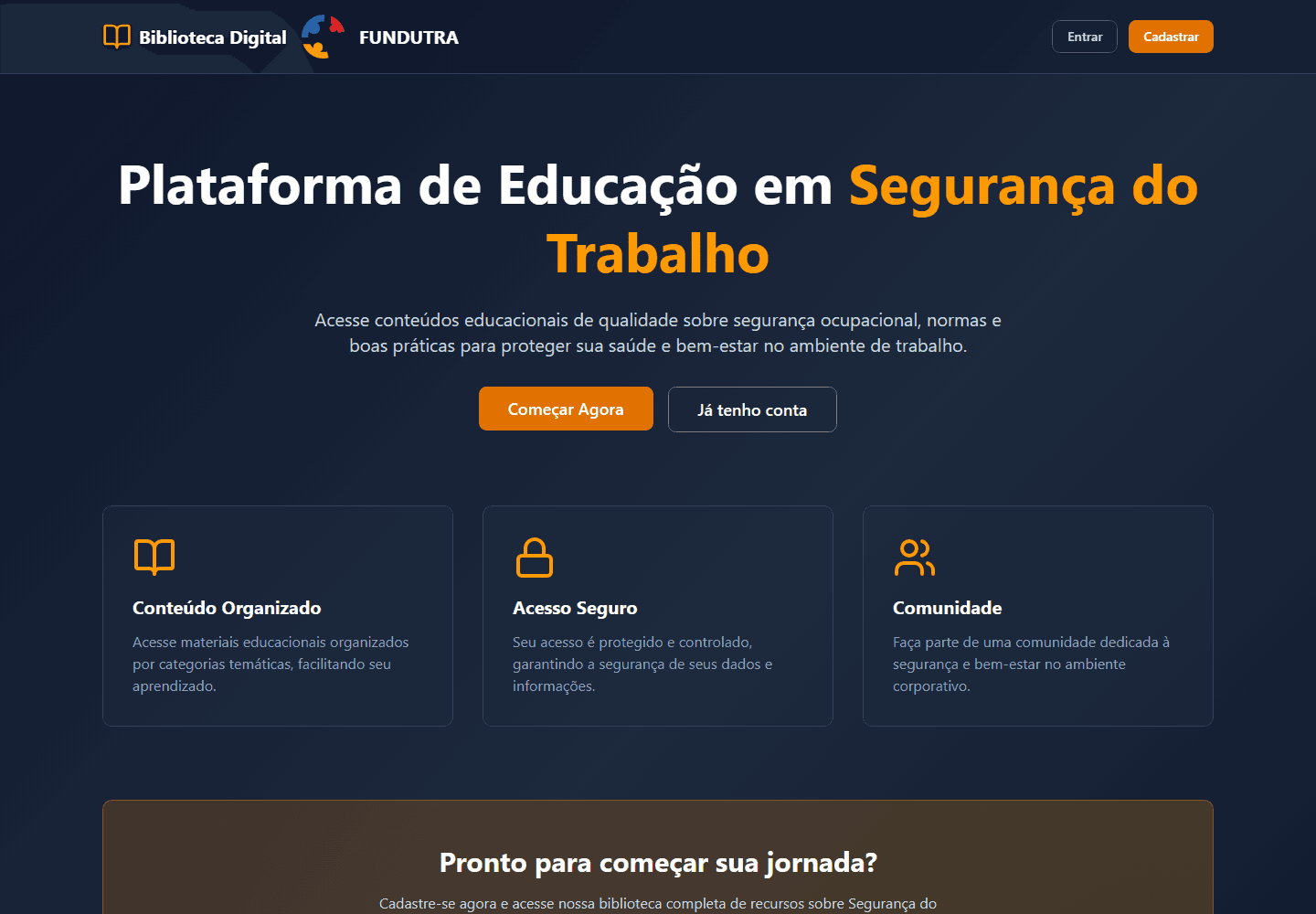 Página pública da Biblioteca Digital FUNDUTRA desenvolvida pela Ulasoftware