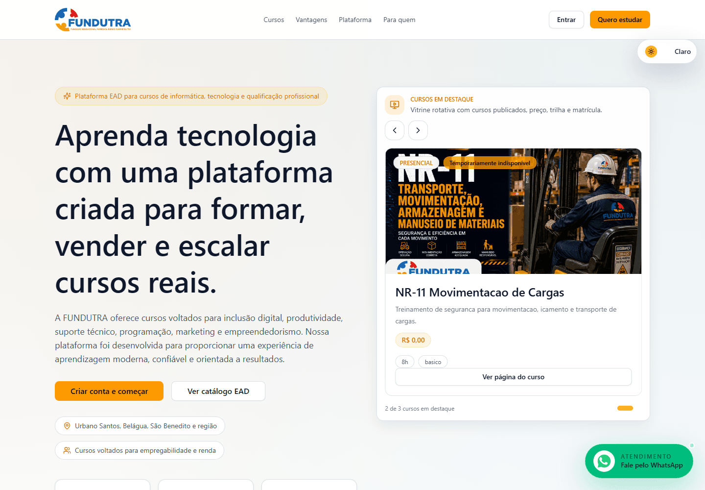 Página pública da Fundutra Cursos construída sobre o SaaS educacional da Ulasoftware